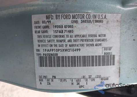 1999 Ford Escort Lx из США, поврежденный, VIN 1FAFP10P5XW210499